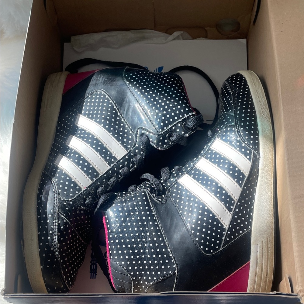 adidas Black Polka Dot High-Top Sneakers with White Stripes and Pink Accents